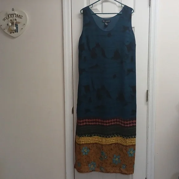 Mlle Gabrielle Boho Batik Maxi Dress Size 16 Teal Floral Geometric Border Print - Picture 2 of 8